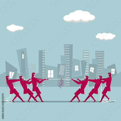 Teamwork concept, businessman tug of war on the street.