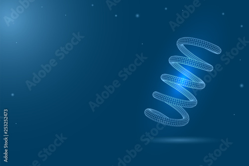 Spring from polygonal grid on blue background with stars. 3D. Perspective. Vector illustration.