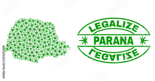 Vector cannabis Parana State map collage and grunge textured Legalize stamp seal. Concept with green weed leaves. Template for cannabis legalize campaign.
