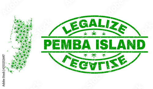 Vector cannabis Pemba island map mosaic and grunge textured Legalize stamp seal. Concept with green weed leaves. Concept for cannabis legalize campaign.