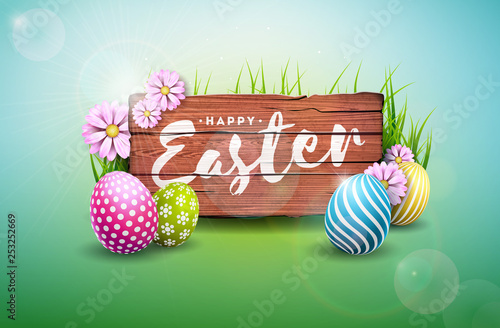 Happy Easter Holiday Illustration with Painted Egg and Flower on Green Nature Background. Vector International Celebration Design with Cloud Sky and Typography for Greeting Card, Party Invitation or