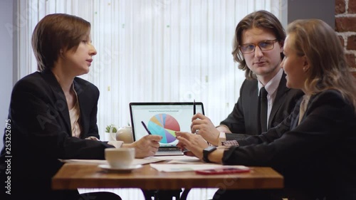 Wallpaper Mural Three people are working together and discussing a contract in a cafe. The women and the man in a restaurant or a coffee shop are drinking coffee. It is a business meeting. They're working on business Torontodigital.ca