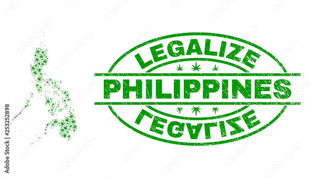 Vector marijuana Philippines map collage and grunge textured Legalize stamp seal. Concept with green weed leaves. Concept for cannabis legalize campaign.