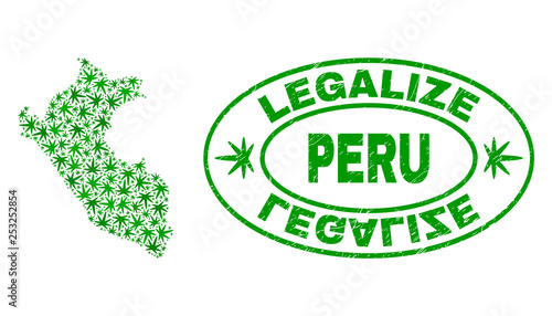 Vector cannabis Peru map mosaic and grunge textured Legalize stamp seal. Concept with green weed leaves. Concept for cannabis legalize campaign. Vector Peru map is formed with herbal leaves.