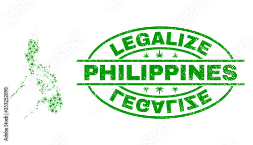Vector marijuana Philippines map collage and grunge textured Legalize stamp seal. Concept with green weed leaves. Concept for cannabis legalize campaign.
