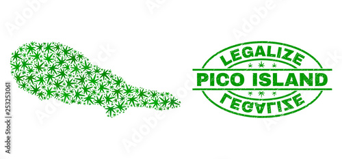 Vector cannabis Pico Island map mosaic and grunge textured Legalize stamp seal. Concept with green weed leaves. Concept for cannabis legalize campaign.