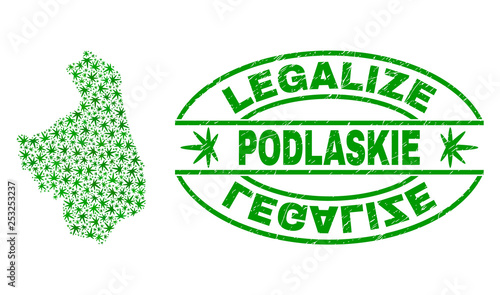 Vector cannabis Podlaskie Voivodeship map collage and grunge textured Legalize stamp seal. Concept with green weed leaves. Concept for cannabis legalize campaign.