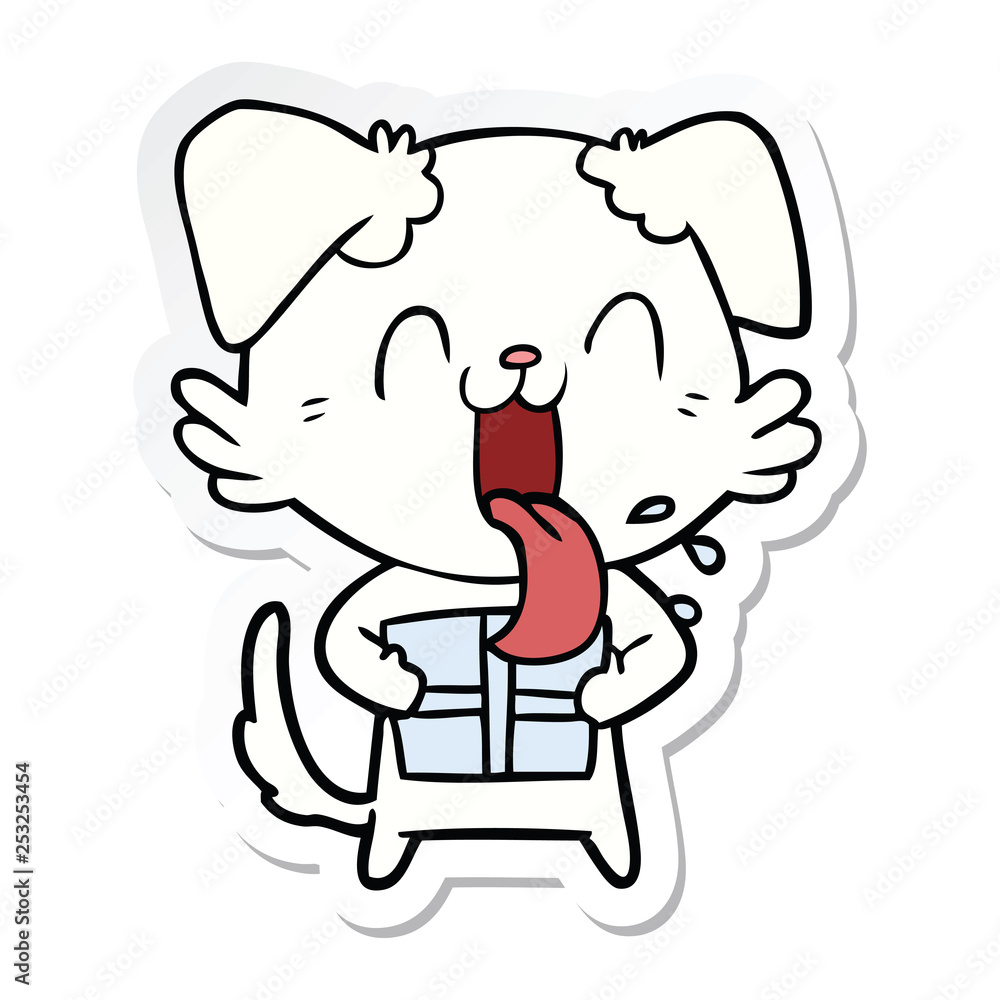 sticker of a cartoon panting dog with present sticker of a cartoon panting dog with present