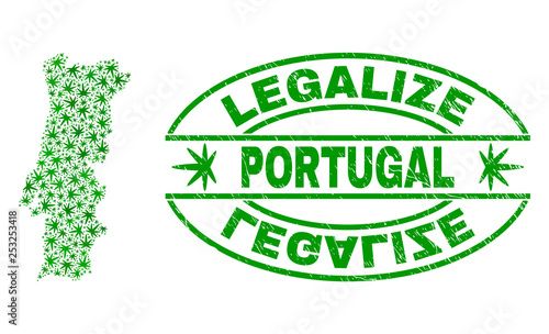 Vector cannabis Portugal map mosaic and grunge textured Legalize stamp seal. Concept with green weed leaves. Concept for cannabis legalize campaign.