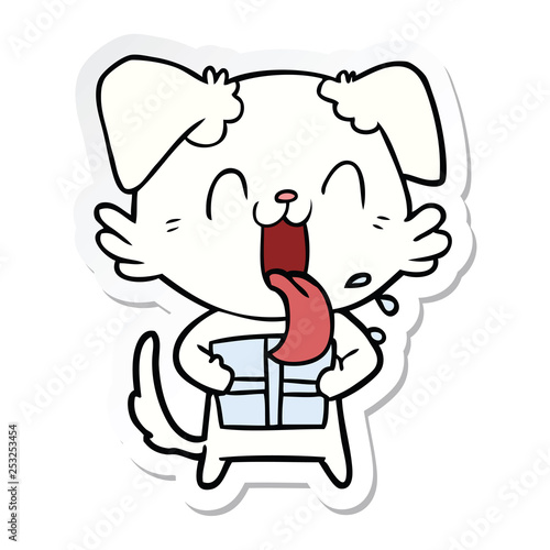 sticker of a cartoon panting dog with present