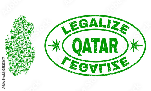 Vector cannabis Qatar map mosaic and grunge textured Legalize stamp seal. Concept with green weed leaves. Concept for cannabis legalize campaign. Vector Qatar map is composed with herbal leaves.