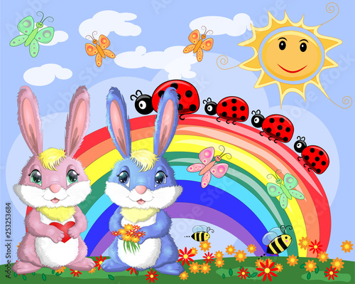 A pair of bunnies, a boy and a girl in a clearing near the rainbow. Spring, postcard