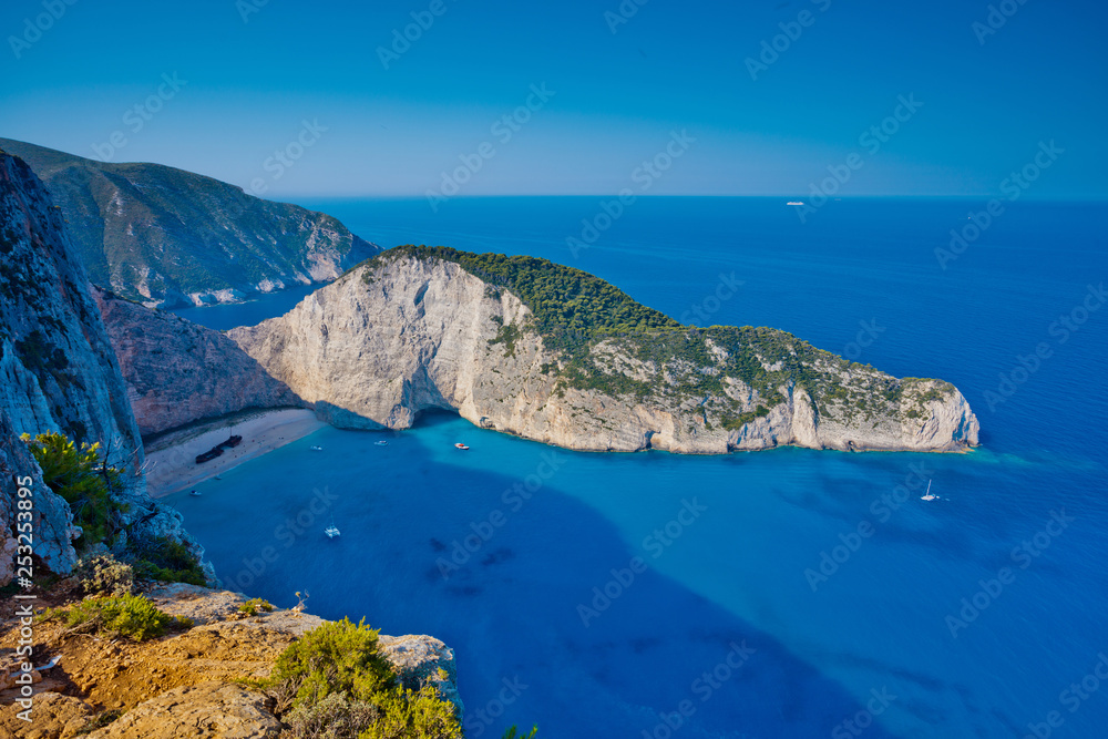 Navagio bay and Ship Wreck beach in summer. The famous natural landmark of Zakynthos, Greek island in the Ionian Sea