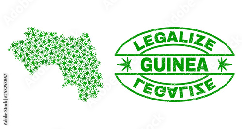 Vector cannabis Republic of Guinea map mosaic and grunge textured Legalize stamp seal. Concept with green weed leaves. Concept for cannabis legalize campaign.