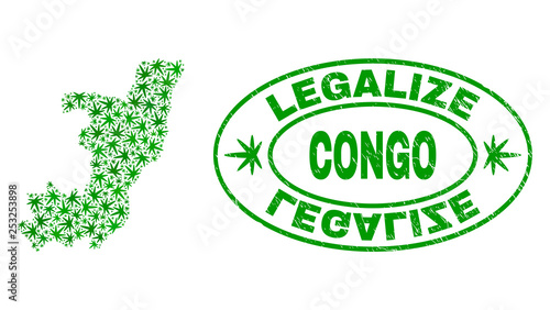Vector marijuana Republic of the Congo map collage and grunge textured Legalize stamp seal. Concept with green weed leaves. Concept for cannabis legalize campaign.