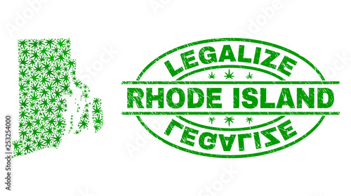 Vector cannabis Rhode Island State map mosaic and grunge textured Legalize stamp seal. Concept with green weed leaves. Template for cannabis legalize campaign.