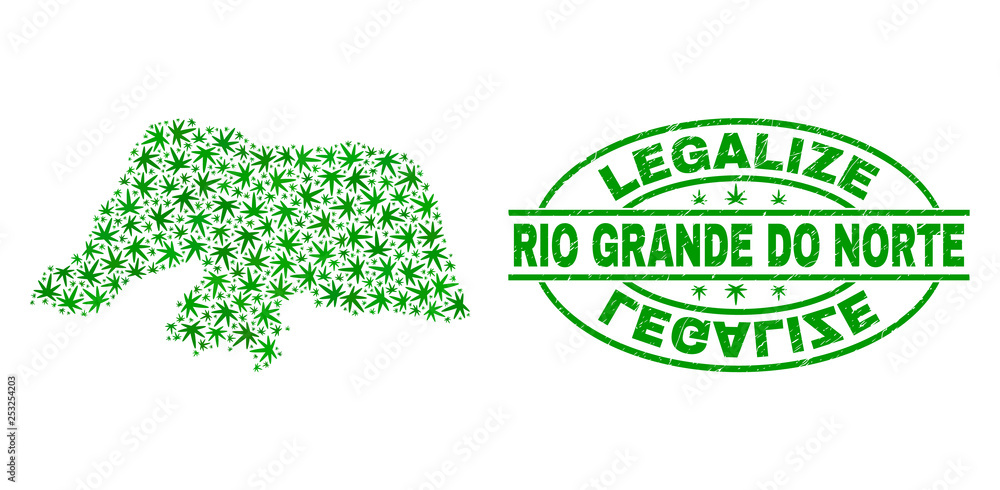 Vector marijuana Rio Grande do Norte State map mosaic and grunge textured Legalize stamp seal. Concept with green weed leaves. Concept for cannabis legalize campaign.