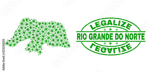 Vector marijuana Rio Grande do Norte State map mosaic and grunge textured Legalize stamp seal. Concept with green weed leaves. Concept for cannabis legalize campaign.