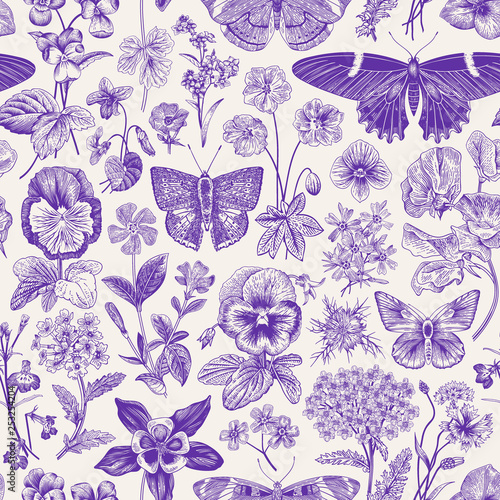 Seamless botanical vintage pattern. Vector illustration. Meadow and garden butterflies and flowers. Ultraviolet