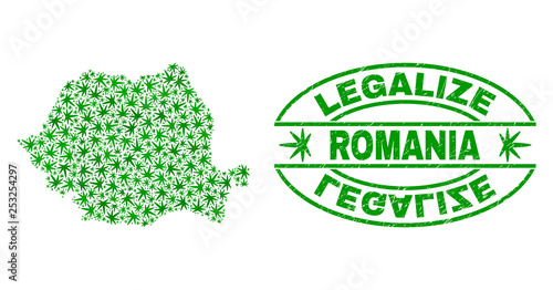 Vector cannabis Romania map mosaic and grunge textured Legalize stamp seal. Concept with green weed leaves. Concept for cannabis legalize campaign. Vector Romania map is designed with cannabis leaves.