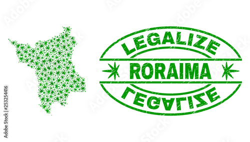 Vector cannabis Roraima State map collage and grunge textured Legalize stamp seal. Concept with green weed leaves. Concept for cannabis legalize campaign.