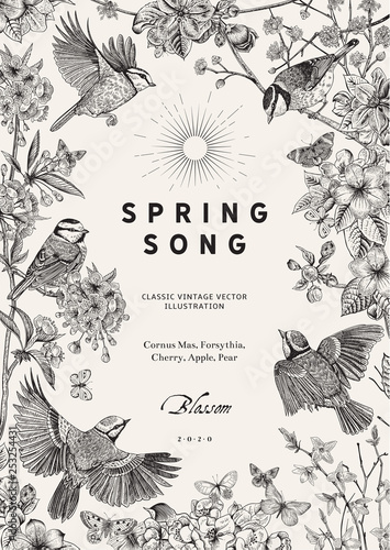 Spring song. Classis vintage illustration. Blossom garden. Black and white