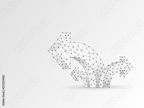 Arrow growth, success, team work sign. Three way direction wireframe digital 3d illustration. Low poly colaboration concept with lines, dots on blue background. Abstract Raster origami polygonal sign