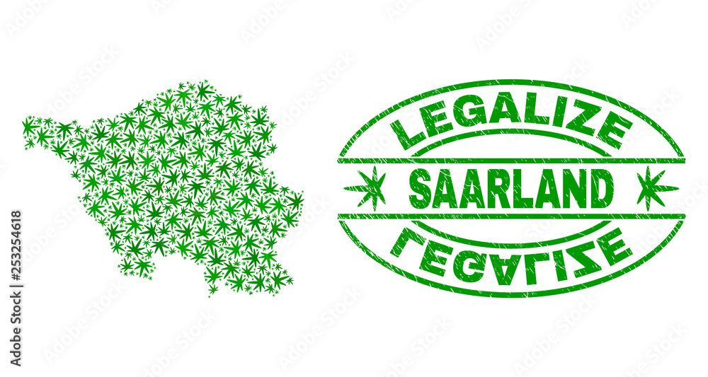 Vector marijuana Saarland Land map collage and grunge textured Legalize stamp seal. Concept with green weed leaves. Concept for cannabis legalize campaign.