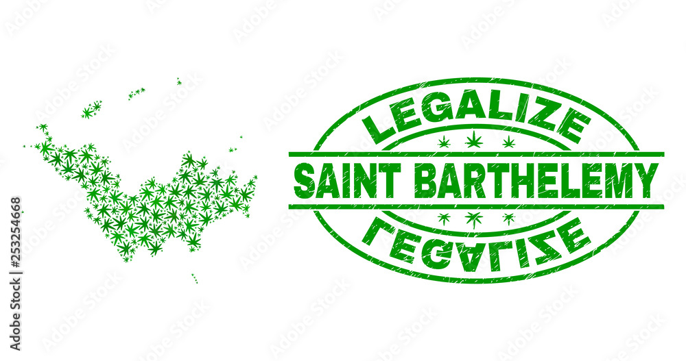 Vector cannabis Saint Barthelemy map collage and grunge textured Legalize stamp seal. Concept with green weed leaves. Concept for cannabis legalize campaign.