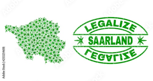 Vector marijuana Saarland Land map collage and grunge textured Legalize stamp seal. Concept with green weed leaves. Concept for cannabis legalize campaign.
