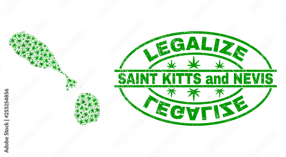 Vector cannabis Saint Kitts and Nevis map collage and grunge textured Legalize stamp seal. Concept with green weed leaves. Concept for cannabis legalize campaign.