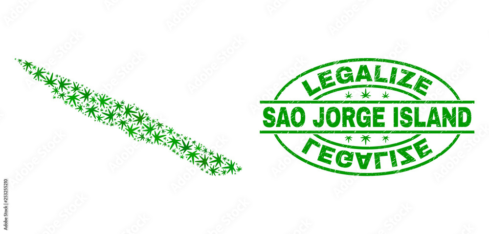 Vector cannabis Sao Jorge Island map mosaic and grunge textured Legalize stamp seal. Concept with green weed leaves. Concept for cannabis legalize campaign. Vector cannabis Sao Jorge Island map mosaic and grunge textured Legalize stamp seal. Concept with green weed leaves. Concept for cannabis legalize campaign.