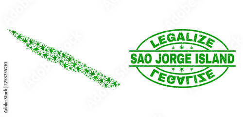 Vector cannabis Sao Jorge Island map mosaic and grunge textured Legalize stamp seal. Concept with green weed leaves. Concept for cannabis legalize campaign.