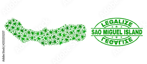 Vector cannabis Sao Miguel Island map collage and grunge textured Legalize stamp seal. Concept with green weed leaves. Template for cannabis legalize campaign.