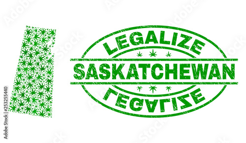 Vector cannabis Saskatchewan Province map mosaic and grunge textured Legalize stamp seal. Concept with green weed leaves. Concept for cannabis legalize campaign.