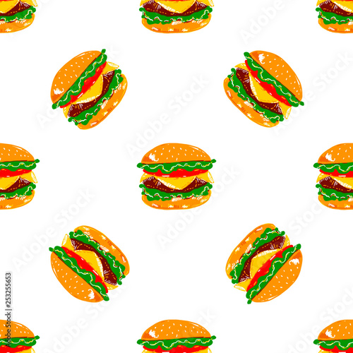 Seamless pattern with burgers on white background. Classic burger with multiple layers. Chopped tomato, salad, cheese, meat, sesame bun. Fast food pattern for design, wrapping paper, fabric, textile