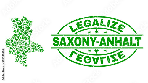 Vector cannabis Saxony-Anhalt Land map mosaic and grunge textured Legalize stamp seal. Concept with green weed leaves. Concept for cannabis legalize campaign.
