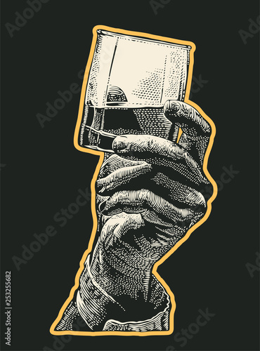 Male hand holding glass whiskey. hand drawn design element. engraving style. vector illustration
