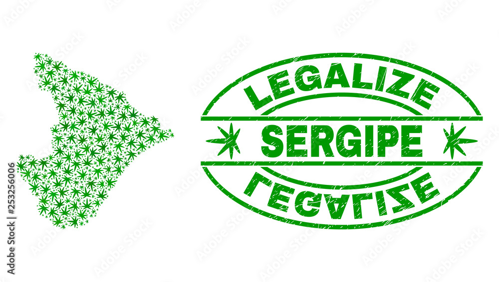 Vector marijuana Sergipe State map collage and grunge textured Legalize stamp seal. Concept with green weed leaves. Concept for cannabis legalize campaign.