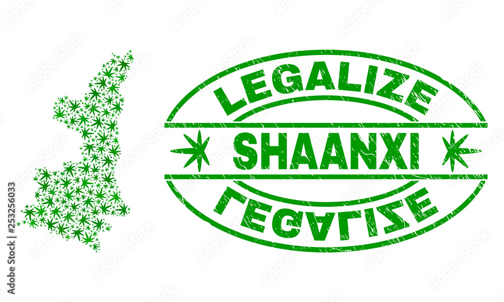 Vector cannabis Shaanxi Province map mosaic and grunge textured Legalize stamp seal. Concept with green weed leaves. Concept for cannabis legalize campaign.