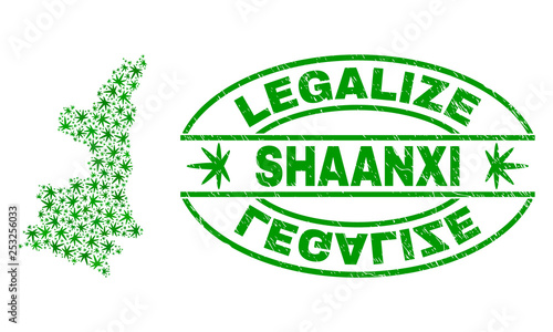Vector cannabis Shaanxi Province map mosaic and grunge textured Legalize stamp seal. Concept with green weed leaves. Concept for cannabis legalize campaign.