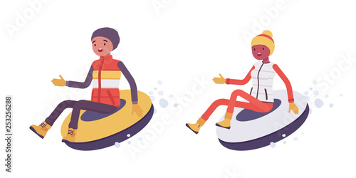 Sporty man, woman tubing, enjoy winter outdoor activities on ski resort, having fun, active holiday, wintertime tourism, recreation. Vector flat style cartoon illustration isolated on white background