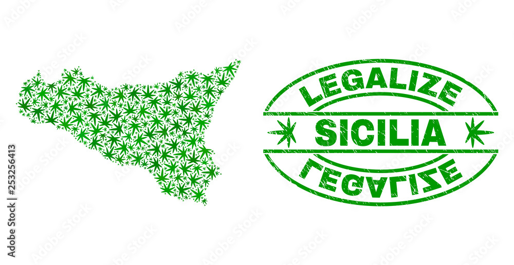 Vector marijuana Sicilia map collage and grunge textured Legalize stamp seal. Concept with green weed leaves. Concept for cannabis legalize campaign. Vector Sicilia map is composed with weed leaves.