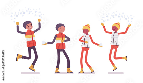 Young happy man, woman enjoy winter outdoor activities, fun on ski resort, having active holiday, wintertime tourism and recreation. Vector flat style cartoon illustration isolated on white background