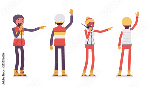 Young man, woman with radio pointing and waving, worker on ski resort, having active holiday, wintertime tourism and recreation. Vector flat style cartoon illustration isolated on white background