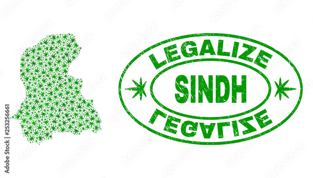 Vector cannabis Sindh Province map mosaic and grunge textured Legalize stamp seal. Concept with green weed leaves. Concept for cannabis legalize campaign.