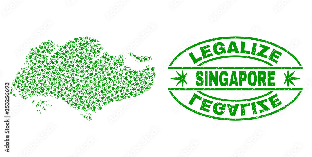 Vector cannabis Singapore map collage and grunge textured Legalize stamp seal. Concept with green weed leaves. Concept for cannabis legalize campaign.