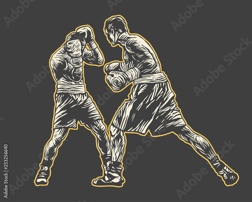 Boxing. Two Boxers Are Fighting In The Ring. Drawing Style. Vector illustration.