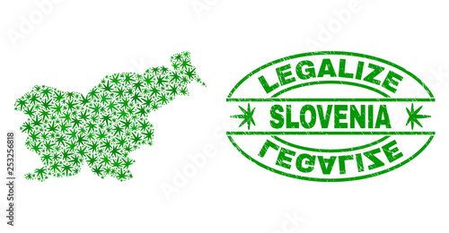 Vector marijuana Slovenia map mosaic and grunge textured Legalize stamp seal. Concept with green weed leaves. Concept for cannabis legalize campaign.