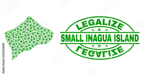 Vector cannabis Small Inagua Island map collage and grunge textured Legalize stamp seal. Concept with green weed leaves. Concept for cannabis legalize campaign.